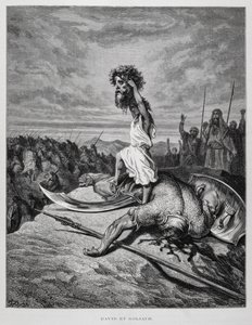 David erschlägt Goliath, Illustration aus der Dore-Bibel