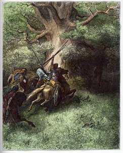 Tod von Absalom - Nach der Niederlage gegen die Truppen seines Vaters blieb Absalom an den Ästen eines Baumes hängen, als er vom Schlachtfeld floh - Gravur in „Die illustrierte Bibel“ von Gustave Doré (1832-1883)
