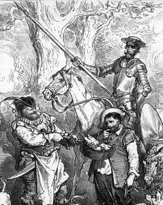 Don Quijote, wirft von Hand und reitet auf seinem Pferd Rosinante, bereit für ein Abenteuer. Sein treuer Knappe, der Feinschmecker Sancho Panza, zögert vor einem guten Fleischgericht. Detail einer Gravur von Gustave Doré