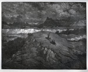 Don Quijote und Sancho Panza setzen ihre Abenteuer in einer bergigen Region, Sierra Morena, fort - aus „Don Quijote von der Mancha“ von Miguel Cervantes (1547-1616) - Holzschnitt nach einer Zeichnung von Gustave Doré von Gustave Dore