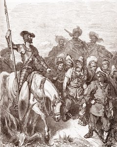 Don Quijote und Sancho Panza verhören die zu den Galeeren geführten Verbrecher. Gravur von Gustave Doré für „Der sinnreiche Junker Don Quijote von der Mancha“ von Miguel de Cervantes, 1863