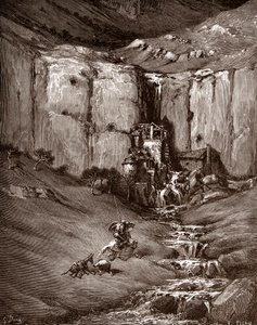 Don Quijote und Sancho Panza sehen einen Wasserfall und lärmende Hütten (Gravur von Gustave Doré für „Der sinnreiche Junker Don Quijote von der Mancha“ von Miguel de Cervantes)