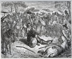 Don Quijote wird inmitten einer Gruppe von Kaufleuten geschlagen - Der Maultiermacher hatte Gefallen am Spiel gefunden - aus "Don Quijote von der Mancha" von Miguel Cervantes