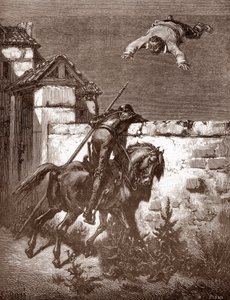 Don Quixote kann die Werfer von Sancho Panza nicht aufhalten, die ihn auf einer Decke hüpfen lassen. Gravur von Gustave Doré (1832-1883) für 