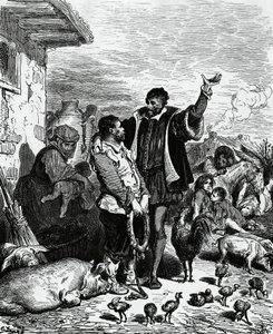 Don Quijote nimmt Sancho Panza aus seinem Haus und ernennt ihn zum Gouverneur, Illustration von Gustave Doré (1832-1883) für die Ausgabe von 1880 von Don Quijote von Miguel de Cervantes Saavedra (1547-1616)