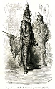Gravur von Gustave Doré, die Théophile Gautiers Roman „Der Kapitän Fracasse“ illustriert. Charpentier-Ausgabe 1863. Zwei Komödianten (Schauspieler der Commedia dell