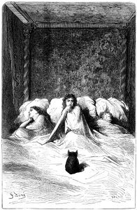 Illustration von Gustave Doré zum Roman von Théophile Gautier „Der Kapitän Fracasse“. Charpentier-Ausgabe 1863. Im Wohnsitz des Barons von Sigognac, dem „Schloss der Misere“, fand eine Truppe von Komödianten Zuflucht. Drei Schauspielerinnen schliefen in e von Gustave Dore