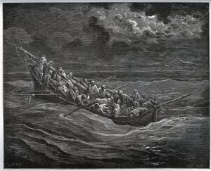 Flucht von Zoraide mit dem Gefangenen im Boot voller Flüchtlinge von Algier nach Spanien - aus „Don Quixote de la Mancha“ von Miguel Cervantes (1547-1616) - Holzschnitt nach einer Zeichnung von Gustave Doré von Gustave Dore