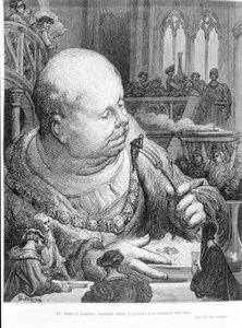 Auszug aus Gargantua (1534) von François Rabelais (1483 - 1553): Und, die Hummel ziehend, entfernten sie zusammen den Pilger und aßen ihn sehr gut. Gravur von Gustave Doré (1823-1883)