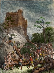 Feudalismus im Mittelalter: Leibeigene arbeiten für den Herrn - Gravur von Gustave Doré aus dem 19. Jahrhundert in „National History illustrated of France from the most ancient times to the present day“ 1876 - Private Sammlung von Gustave Dore