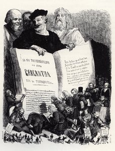 Frontispiz der Ausgabe von 1854 - In Gesellschaft antiker und moderner Schriftsteller präsentiert Rabelais seinen zweiten Roman - Illustration aus 