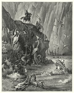 Gustave Dorés Don Quixote: "Ein riesiger See aus kochendem Pech, in dem eine unendliche Menge wilder und schrecklicher Kreaturen hin und her ziehen" von Gustave Dore