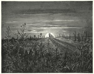 Gustave Dorés Don Quixote: "Freund Sancho," sagte Don Quixote, "ich finde, die herannahende Nacht wird uns einholen, bevor wir Toboso erreichen können"