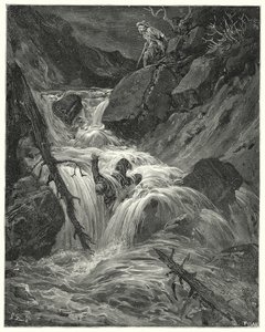 Gustave Dorés Don Quixote: "Mit der geringen Kraft, die ich hatte, stieß ich ihn einen Abgrund hinunter, wo ich ihn liegen ließ"