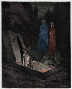 Inferno, Gesang 10: Farinata degli Uberti spricht zu Dante, Illustration aus "Die Göttliche Komödie" von Dante Alighieri, 1885