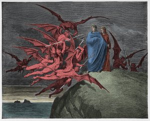 Inferno, Canto 21: Die Dämonen bedrohen Virgil, Illustration aus "Die Göttliche Komödie" von Dante Alighieri, 1885