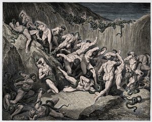 Inferno, Gesang 24: Die Diebe von Schlangen gequält, Illustration aus "Die Göttliche Komödie" von Dante Alighieri, 1885
