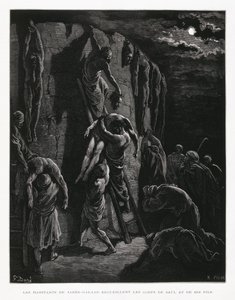 Jabesch-Gileaditen bergen die Leichen von Saul und seinen Söhnen, Illustration aus der Dore-Bibel