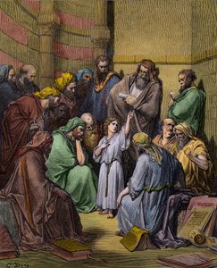 Jesus mit den Schriftgelehrten im Tempel - Jesus im Tempel unter den Schriftgelehrten - Gravur von Gustave Doré (1832-1883) - spätere Kolorierung