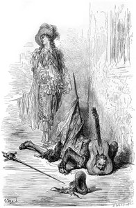 Leandre hat gerade eine Gitarre auf Matamores Kopf zerschlagen, Illustration für „Captain Fracass“ von Gustave Dore