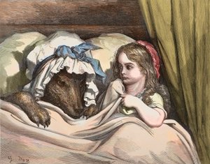 Rotkäppchen und der Wolf mögen Großmutter nicht. Illustration aus „Die Märchen“ von Charles Perrault (1628-1703) von Gustave Doré (1832-1883) 1867