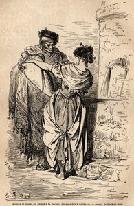 Mann und Frau des Volkes an der Quelle, in Carmona, Dorf in der Nähe von Sevilla. Skizze nach dem Leben von Gustave Doré (1832-1883). Gravur zur Illustration der Reise nach Spanien, 1862, von Charles Davillier und Gustave Doré, in „Le tour du monde, nouvea von Gustave Dore