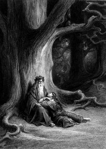 Merlin und Viviane im Wald von Brocéliande (Zyklus der Ritter der Tafelrunde) - in „Viviane“ von Alfred Tennyson, Illustration von G. Doré von Gustave Dore
