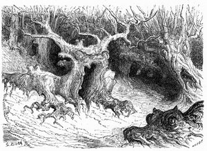 Monströse Buche im Ossau-Tal, anthropomorphe Monsterbäume. Gravur von Gustave Doré zur Illustration des Buches „Voyage aux Pyrénées“ von Hippolyte Taine, Hachette 1860. von Gustave Dore