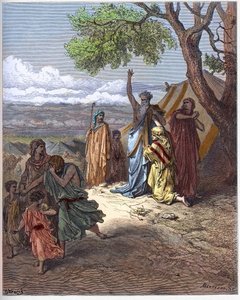 Noah vertreibt Ham - Noah verflucht Ham - Der Fluch von Cham - Patriarch Noe verflucht seinen Enkel Kanaan für einen Fehler, den sein Vater Cham auf dem Berg Ararat begangen hat - Gravur in „Die illustrierte Bibel“ von Gustave Doré (1832-1883) - Gravur aus von Gustave Dore