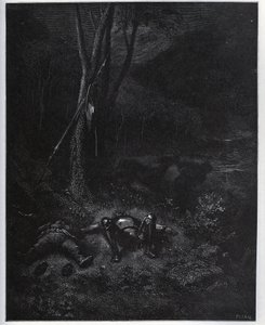 Einer der Flüchtlinge, Gines de Passamont, stiehlt den Esel von Sancho Panza während des Schlafs der beiden Reisenden - aus „Don Quixote de la Mancha“ von Miguel Cervantes (1547-1616) - Holzschnitt nach einer Zeichnung von Gustave Dore