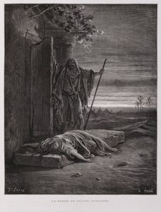 Empörung in Gibea, der Levit trägt seine tote Konkubine weg, Illustration aus der Dore-Bibel