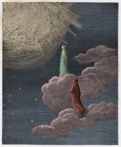 Paradiso, Canto 14: Dante und Beatrice werden in die Sphäre des Mars versetzt, Illustration aus "Die Göttliche Komödie" von Dante Alighieri, 1885