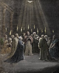 Pfingsten, Herabkunft des Heiligen Geistes auf die Apostel und andere Anhänger Jesu Christi, Gravur von Gustave Doré aus „Die Bibel“