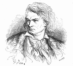 Porträt von Beethoven von Gustave Doré, um 1855, zur Illustration eines Textes von Hippolyte Taine: „-Was ist Beethoven? „Ein armer großer Mann, taub, verliebt, verkannt und Philosoph, dessen Musik voller gigantischer oder schmerzhafter Träume ist.“