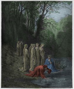 Purgatorio, Gesang 33: Dante trinkt vom Fluss Eunoe, Illustration aus "Die Göttliche Komödie" von Dante Alighieri, 1885