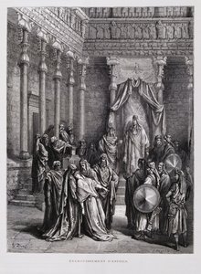 Königin Esther fällt vor dem König in Ohnmacht, Illustration aus der Dore-Bibel