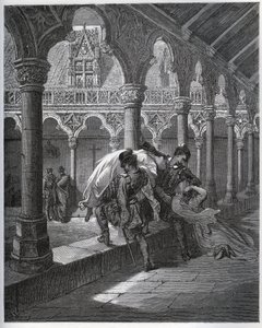 Erzählung von Don Fernand; er nimmt Luscinde aus dem Kloster, in dem sie Zuflucht gesucht hatte - aus „Don Quijote de la Mancha“ von Miguel Cervantes (1547-1616) (Don Quijote) - Holzschnitt nach einer Zeichnung von Gustave Doré