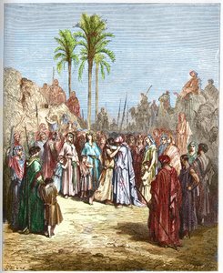 Versöhnung zwischen Jakob und Esau (Genesis, XXXIII, 4) - Gravur aus „Die illustrierte Bibel“ von Gustave Doré