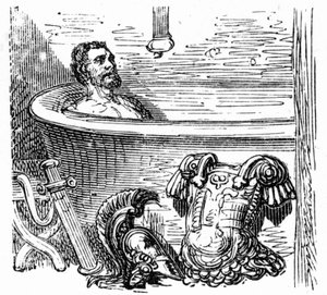 Römischer Soldat badet in den Thermalbädern von Bagnères-de-Bigorre: Gravur von Gustave Doré, die das Buch „Voyage aux Pyrénées“ von Hippolyte Taine, Hachette 1860, illustriert. von Gustave Dore