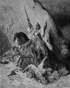Saladin (1138-1193) (Salah al Din Yusuf al-Ayyubi) an der Spitze seiner Truppen gegen die Kreuzfahrer - Gravur von Gustave Doré
