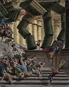 Samson bringt den Tempel von Dagon zum Einsturz. Gravur von Gustave Doré (1832-1883) von Gustave Dore