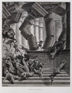 Samson zerstört den Tempel des Baal, Illustration aus der Dore-Bibel