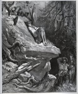 Sancho Panza findet seinen Meister, immer noch in Buße - aus „Don Quijote de la Mancha“ von Miguel Cervantes (1547-1616) - Holzschnitt nach einer Zeichnung von Gustave Doré