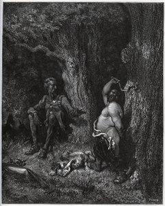 Sancho Panza fliegt vor Don Quixote, um Merlins Wunsch zu erfüllen und Dulcinea von Toboso zu entzaubern. Don Quixote drängt ihn, seine Leidenschaft zu mäßigen - aus „Don Quixote de la Mancha“ von Miguel Cervantes (1547-1616) - Holzschnitt