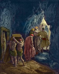 Der Tod von Sarah ist 127 Jahre alt - Die Beerdigung von Abrahams Frau Sarah - Gravur von Gustave Doré - spätere Kolorierung von Gustave Dore