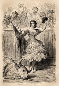 Szene des Stierkampfs: der Triumph von Teresa Bolsi, andalusische Torrera, die die Versammlung in Sevilla grüßt. Skizze nach dem Leben von Gustave Dore (1832-1883). Gravur zur Illustration der Reise in Spanien, 1862 von Charles Davillier und G