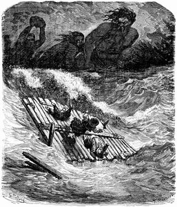 Sindbad der Seefahrer - Geschichte aus Tausendundeiner Nacht - Illustration von Gustave Doré - Ausgabe Maxwell 1865 - Dritte Reise: Sindbad und seine Gefährten werden auf einem Floß von Riesen verfolgt, die riesige Steine auf sie werfen.