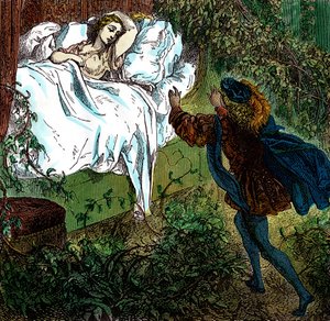 „Dornröschen“ Prinz Charming nähert sich der schönen schlafenden Prinzessin. Gravur von Gustave Doré für „Les Contes“ von Charles Perrault von Gustave Dore