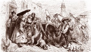 Der geschlagene Quijote kommt nach Hause, Gravur von Gustave Doré für 