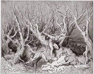Die Göttliche Komödie (La Divina Commedia, La Divine Comedie), Inferno, Gesang 13: Die Selbstmörder fliehen den Wald - von Dante Alighieri (1265-1321) - Illustration von Gustave Dore (1832-1883)